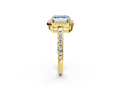 Yellow gold Fancy Blue Asscher Cut Diamond Halo Ring with Pavé Band and Four-Prong Setting_2