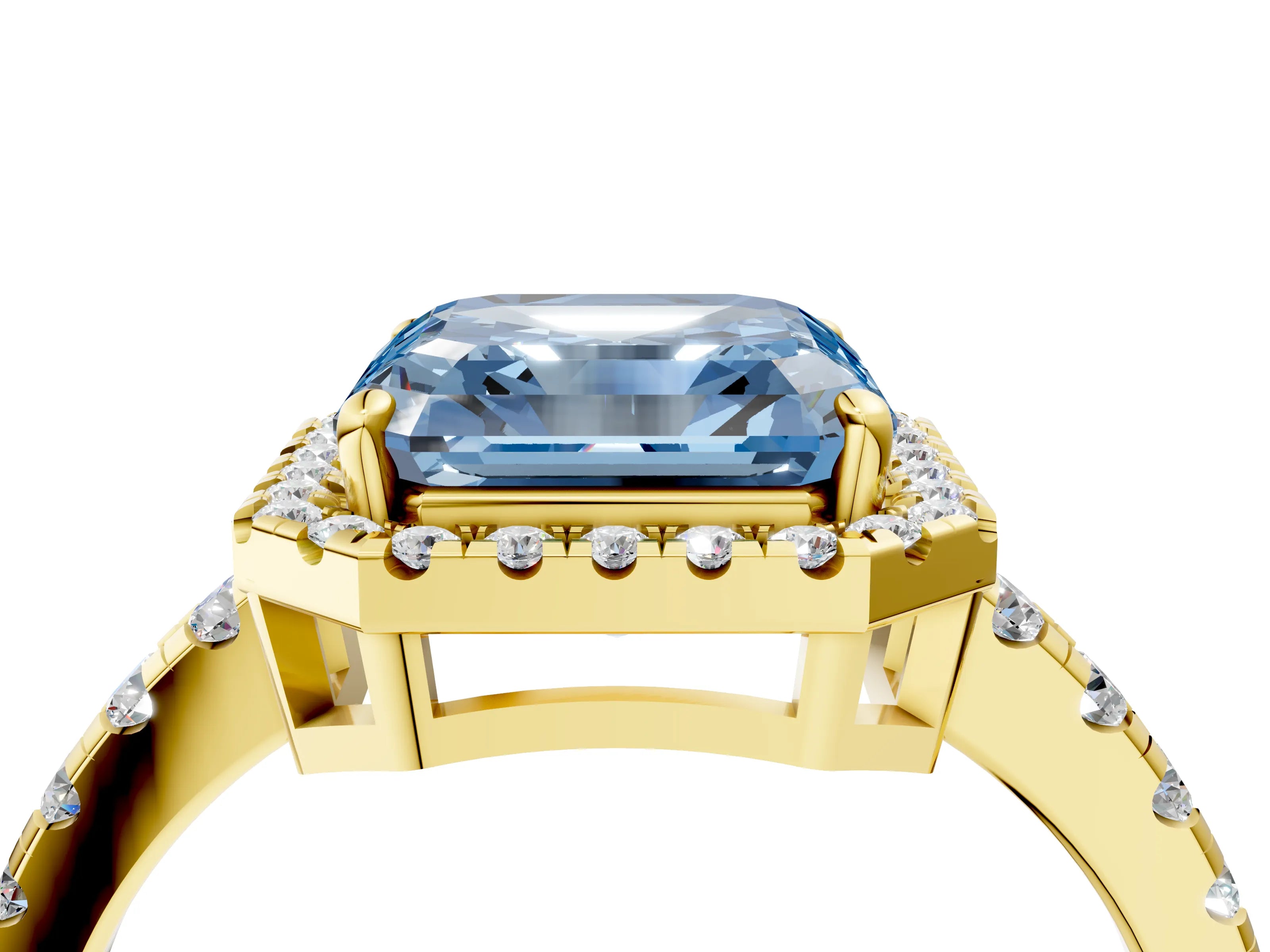 Yellow gold Fancy Blue Asscher Cut Diamond Halo Ring with Pavé Band and Four-Prong Setting_4