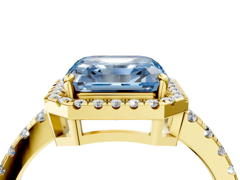 Yellow gold Fancy Blue Asscher Cut Diamond Halo Ring with Pavé Band and Four-Prong Setting_4