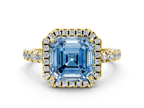 Yellow gold Fancy Blue Asscher Cut Diamond Halo Ring with Pavé Band and Four-Prong Setting