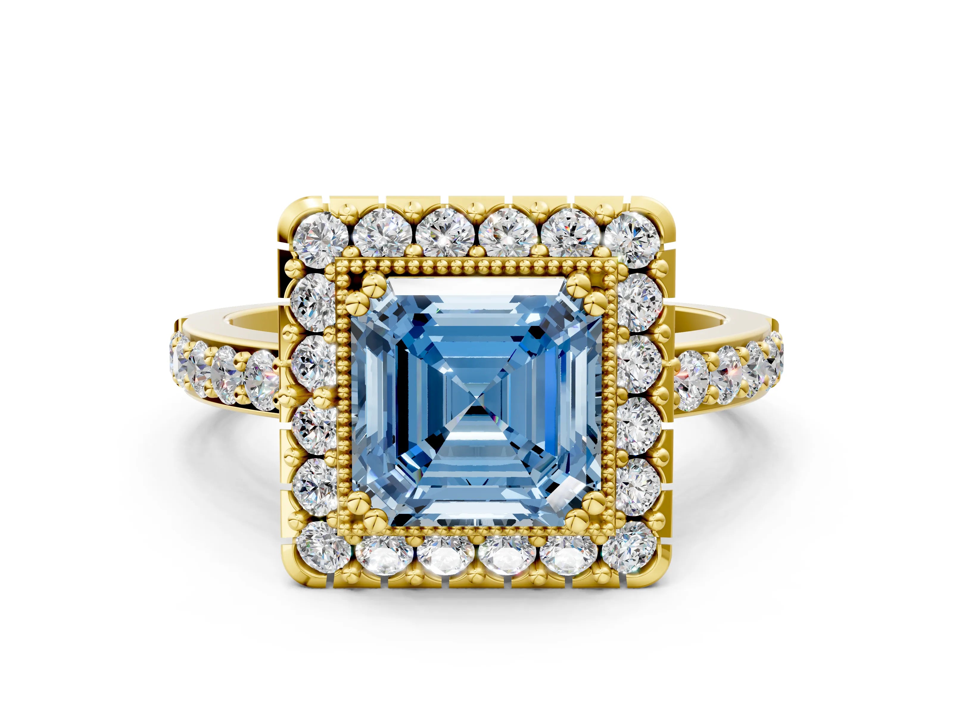 Yellow gold Fancy Blue Asscher Cut Diamond Halo Ring with Pavé Band and Prong Setting