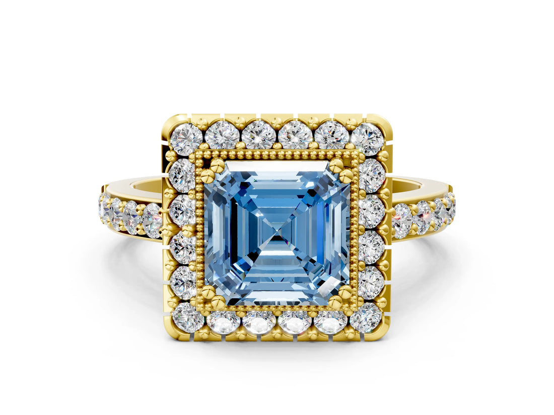 Yellow gold Fancy Blue Asscher Cut Diamond Halo Ring with Pavé Band and Prong Setting