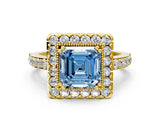 Yellow gold Fancy Blue Asscher Cut Diamond Halo Ring with Pavé Band and Prong Setting