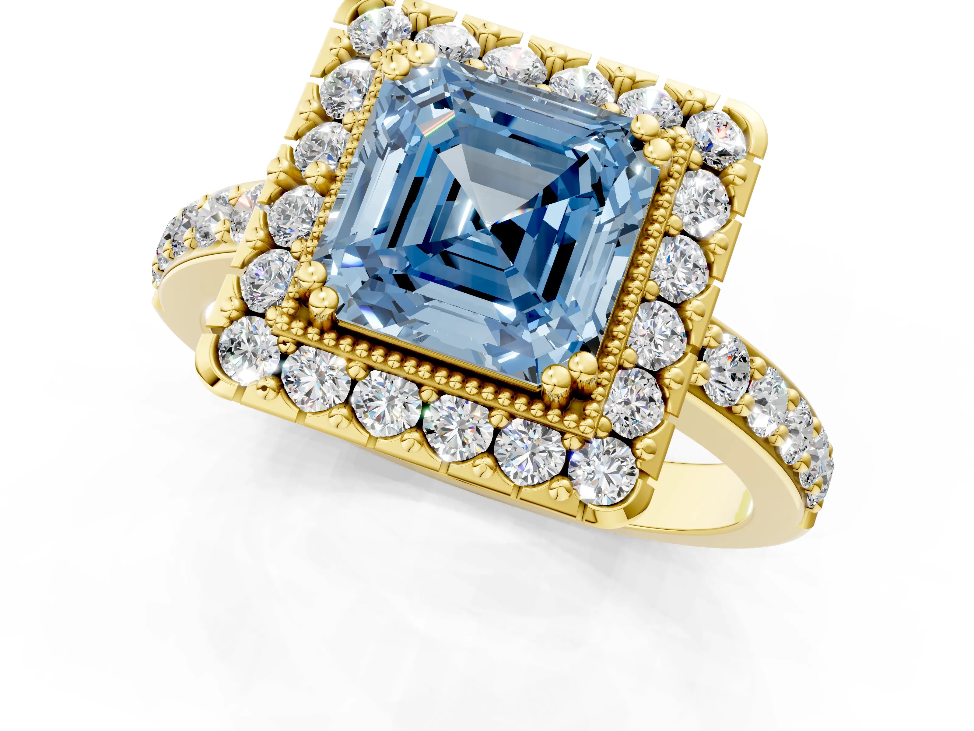 Yellow gold Fancy Blue Asscher Cut Diamond Halo Ring with Pavé Band and Prong Setting_1
