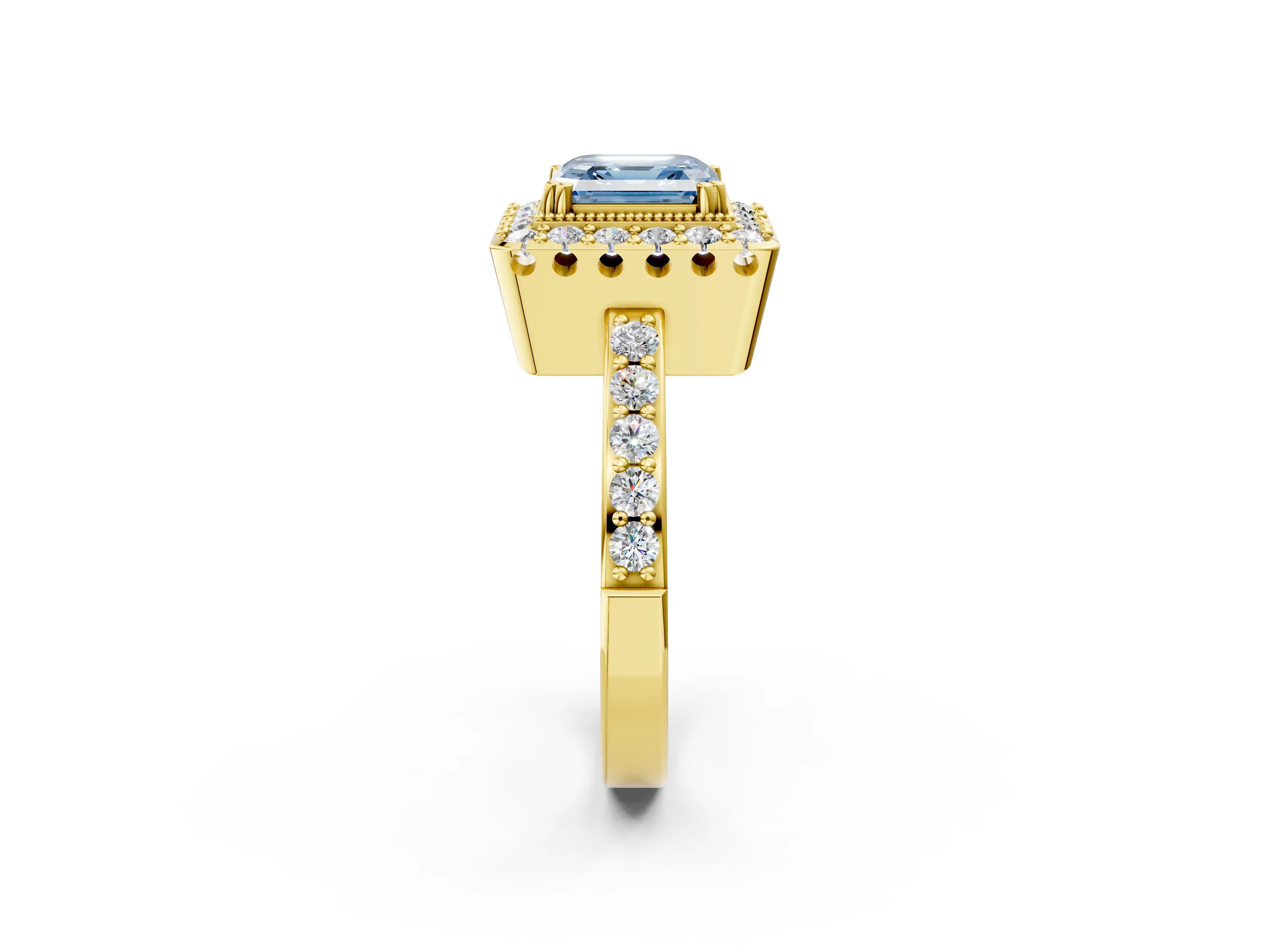 Yellow gold Fancy Blue Asscher Cut Diamond Halo Ring with Pavé Band and Prong Setting_2