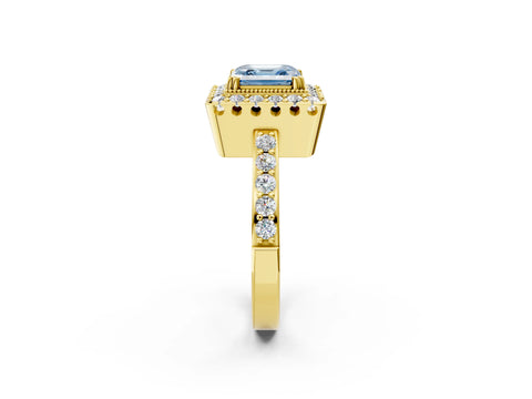 Yellow gold Fancy Blue Asscher Cut Diamond Halo Ring with Pavé Band and Prong Setting_2