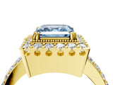 Yellow gold Fancy Blue Asscher Cut Diamond Halo Ring with Pavé Band and Prong Setting_4