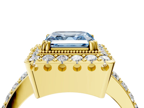 Yellow gold Fancy Blue Asscher Cut Diamond Halo Ring with Pavé Band and Prong Setting_4