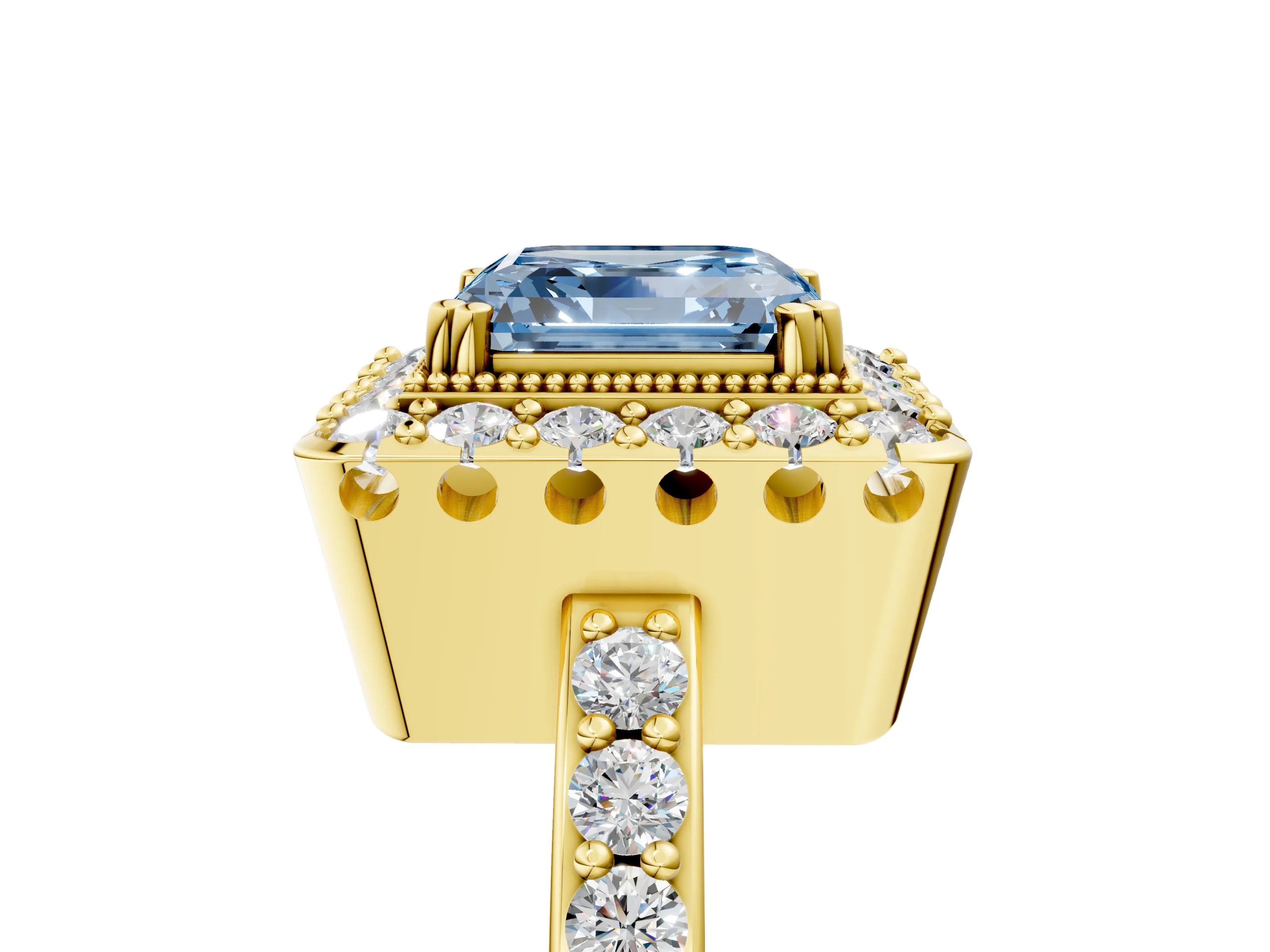 Yellow gold Fancy Blue Asscher Cut Diamond Halo Ring with Pavé Band and Prong Setting_5