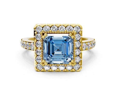 Yellow gold Fancy Blue Asscher Cut Diamond Halo Ring with Pavé Band and Prong Setting