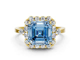 Yellow gold Fancy Blue Asscher Cut Diamond Halo Ring with Pear Side Stones and Prong Setting_33