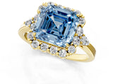 Yellow gold Fancy Blue Asscher Cut Diamond Halo Ring with Pear Side Stones and Prong Setting_34