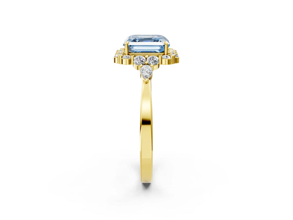 Yellow gold Fancy Blue Asscher Cut Diamond Halo Ring with Pear Side Stones and Prong Setting