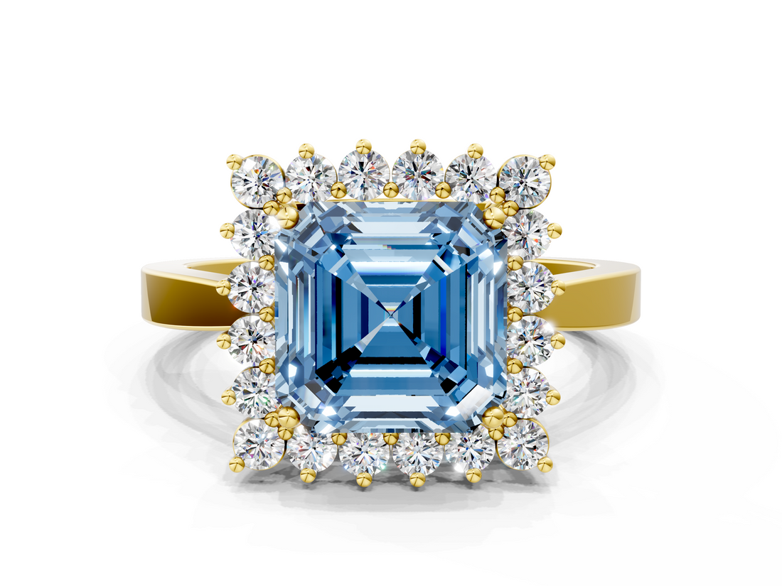 Yellow gold Fancy Blue Asscher  Cut Diamond Halo Ring with Round Brilliant Halo and Solitaire Band_33