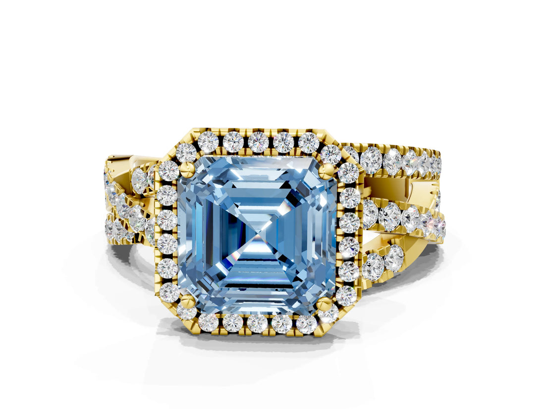 Yellow gold Fancy Blue Asscher Cut Diamond Halo Ring with Round Split Shank and Prong Setting_48