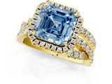 Yellow gold Fancy Blue Asscher Cut Diamond Halo Ring with Round Split Shank and Prong Setting_49