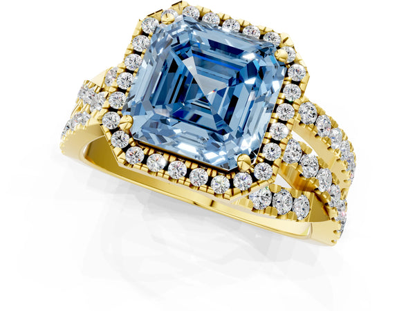 Yellow Gold Asscher Cut Halo Twist Engagement Ring Setting for Fancy Blue Center