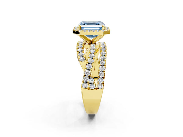 Yellow Gold Asscher Cut Halo Twist Engagement Ring Setting for Fancy Blue Center