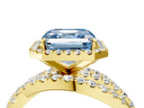 Yellow gold Fancy Blue Asscher Cut Diamond Halo Ring with Round Split Shank and Prong Setting_52