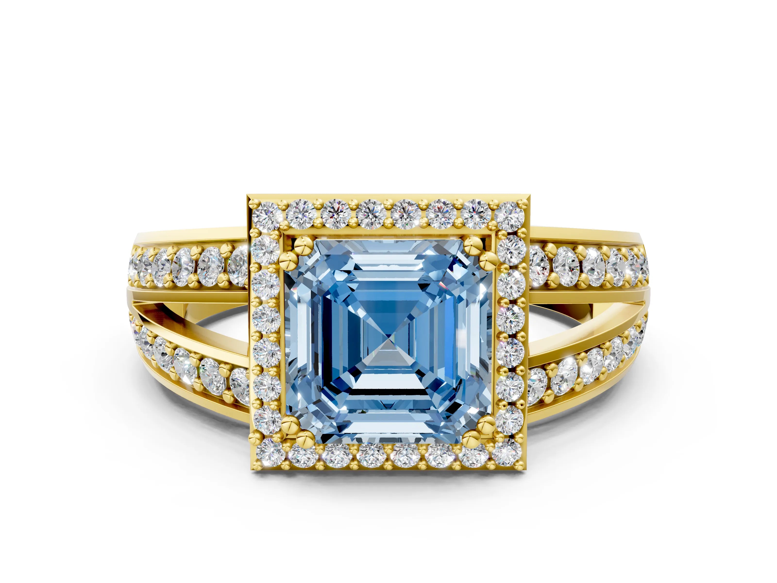 Yellow gold Fancy Blue Asscher Cut Diamond Halo Ring with Split Shank Pavé Band and Four-Prong Setting