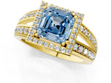 Yellow gold Fancy Blue Asscher Cut Diamond Halo Ring with Split Shank Pavé Band and Four-Prong Setting_1