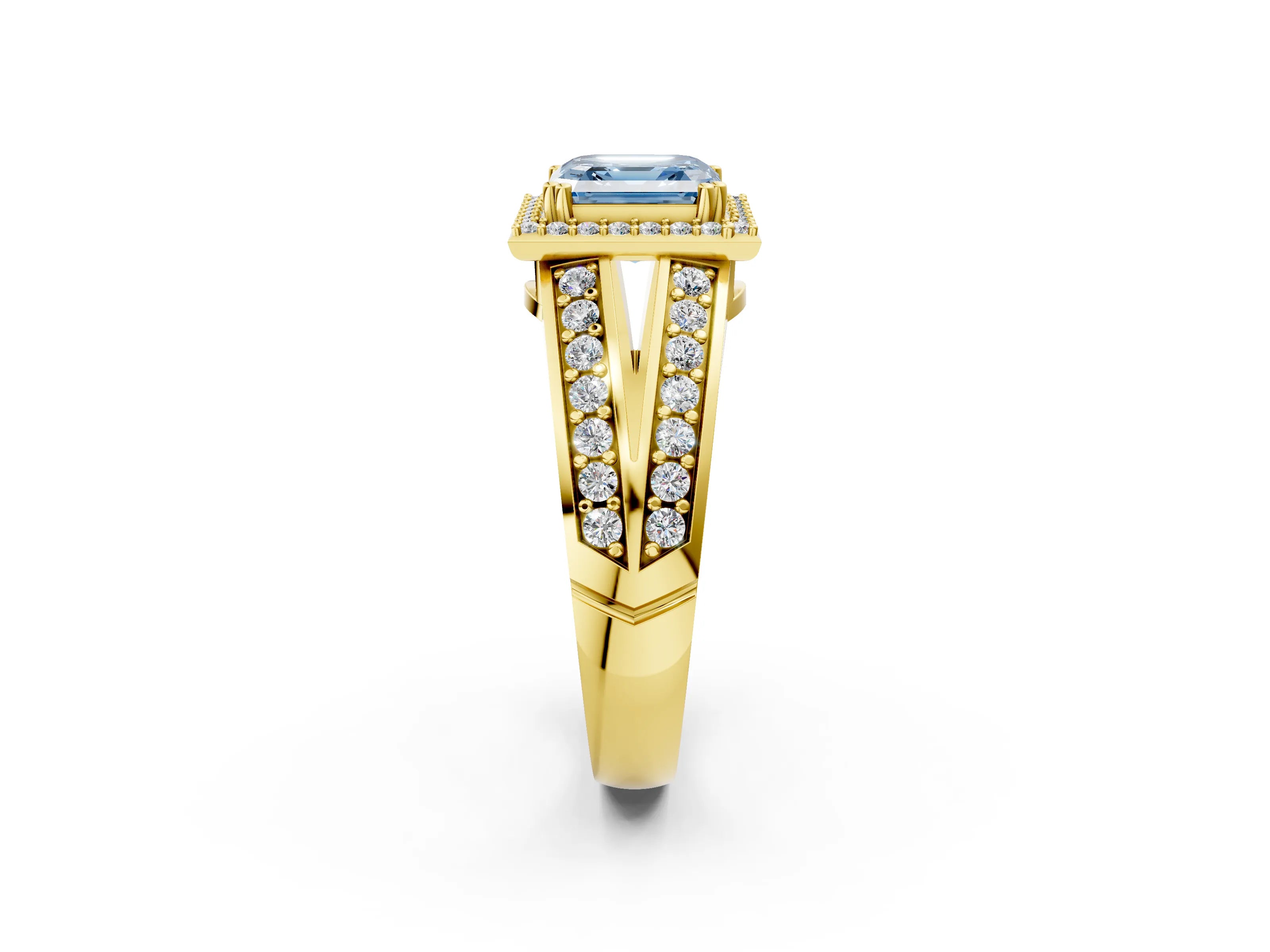 Yellow gold Fancy Blue Asscher Cut Diamond Halo Ring with Split Shank Pavé Band and Four-Prong Setting_2