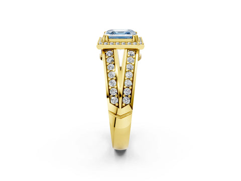 Yellow gold Fancy Blue Asscher Cut Diamond Halo Ring with Split Shank Pavé Band and Four-Prong Setting_2