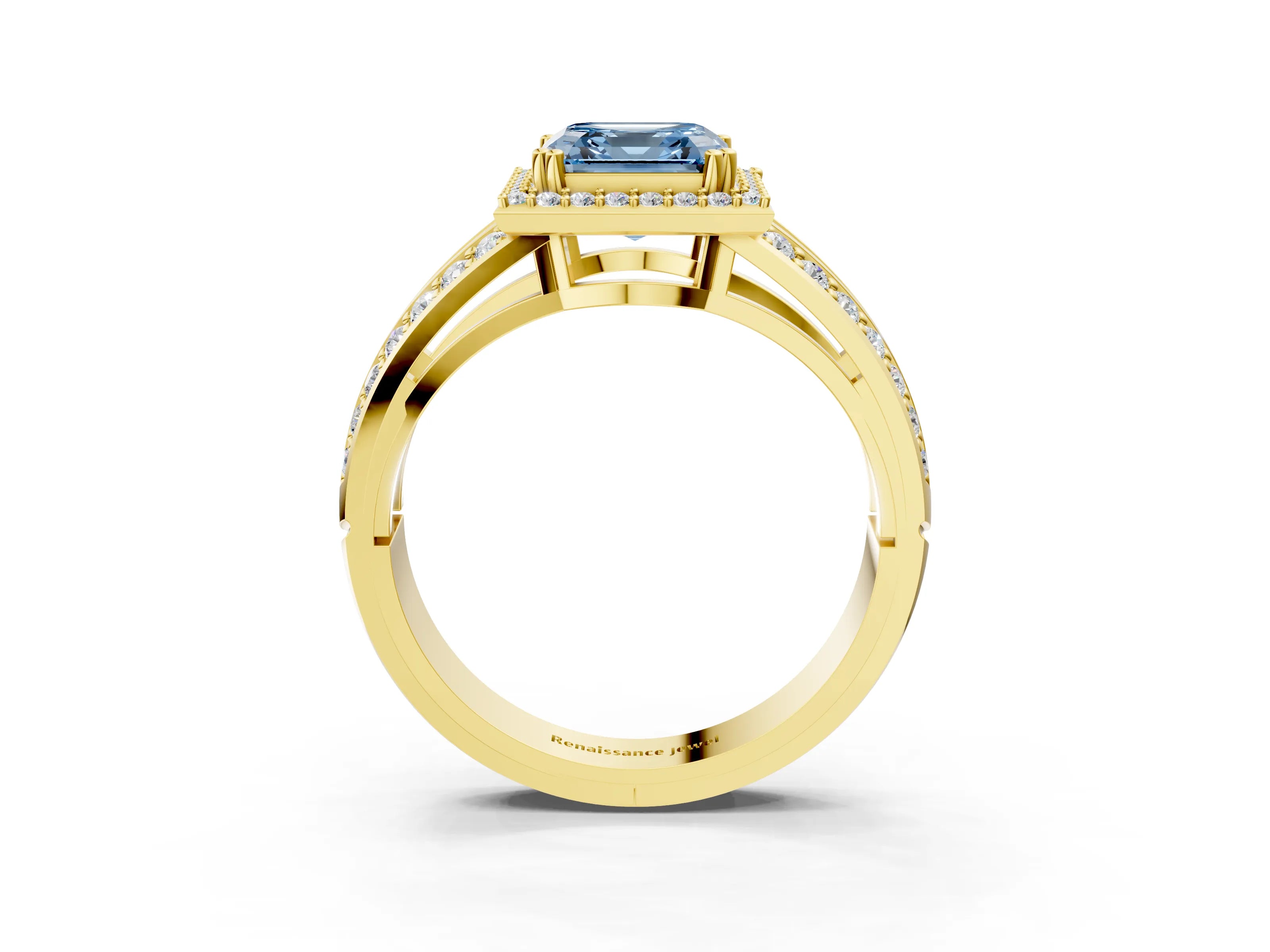 Yellow gold Fancy Blue Asscher Cut Diamond Halo Ring with Split Shank Pavé Band and Four-Prong Setting_3