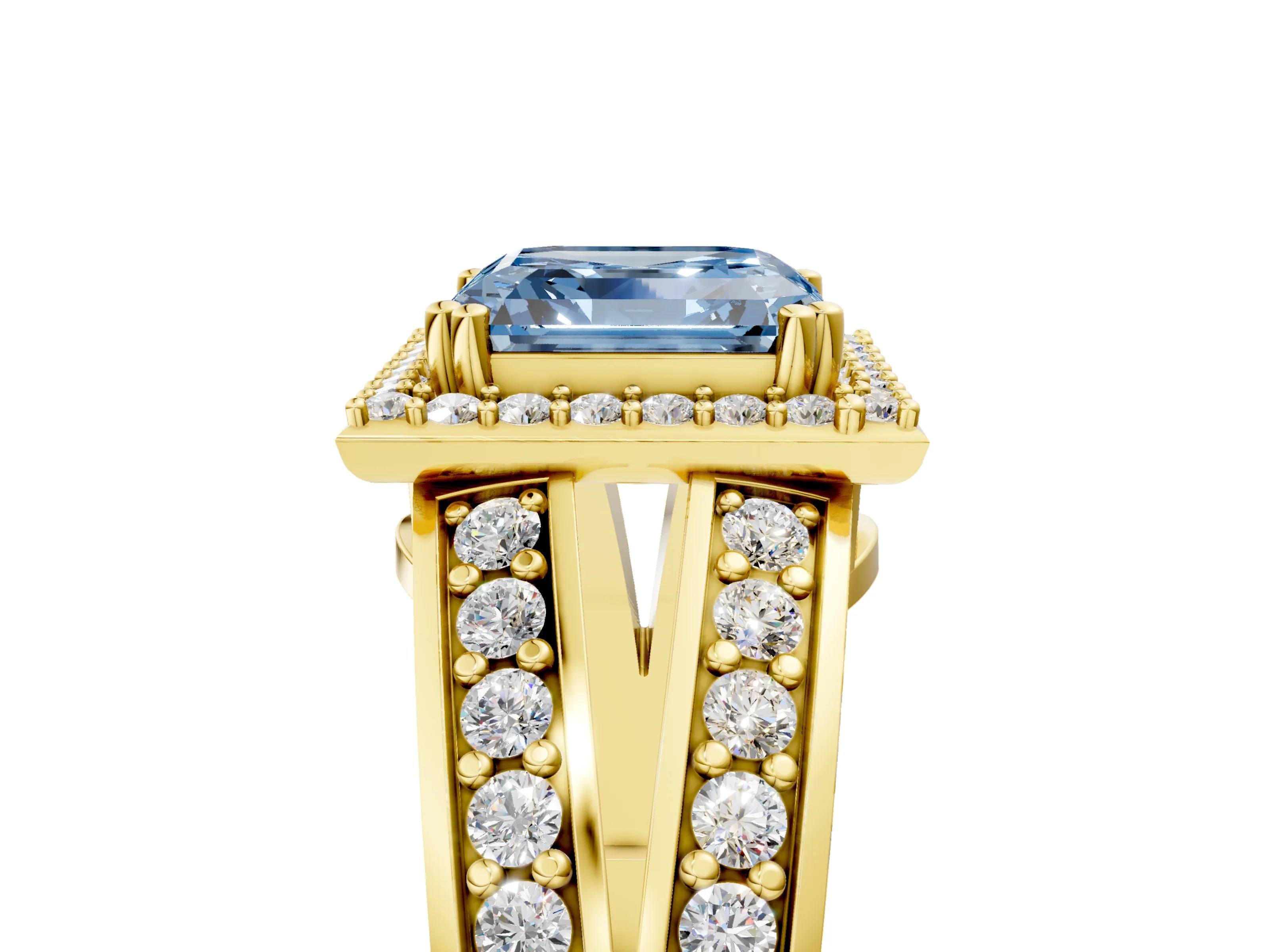 Yellow gold Fancy Blue Asscher Cut Diamond Halo Ring with Split Shank Pavé Band and Four-Prong Setting_5