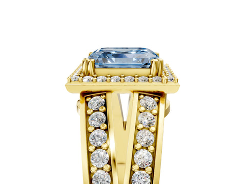 Yellow gold Fancy Blue Asscher Cut Diamond Halo Ring with Split Shank Pavé Band and Four-Prong Setting_5