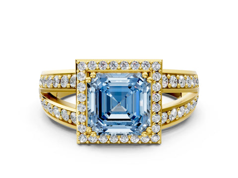 Yellow gold Fancy Blue Asscher Cut Diamond Halo Ring with Split Shank Pavé Band and Four-Prong Setting