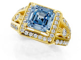 Yellow gold Fancy Blue Asscher Cut Diamond Halo Ring with Split Shank and Bezel Accents and Four-Prong Setting_1