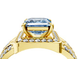 Yellow gold Fancy Blue Asscher Cut Diamond Halo Ring with Split Shank and Bezel Accents and Four-Prong Setting_4