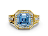 Yellow gold Fancy Blue Asscher Cut Diamond Halo Ring with Split Shank and Bezel Accents and Prong Setting