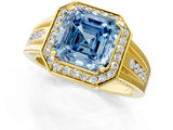 Yellow gold Fancy Blue Asscher Cut Diamond Halo Ring with Split Shank and Bezel Accents and Prong Setting_1