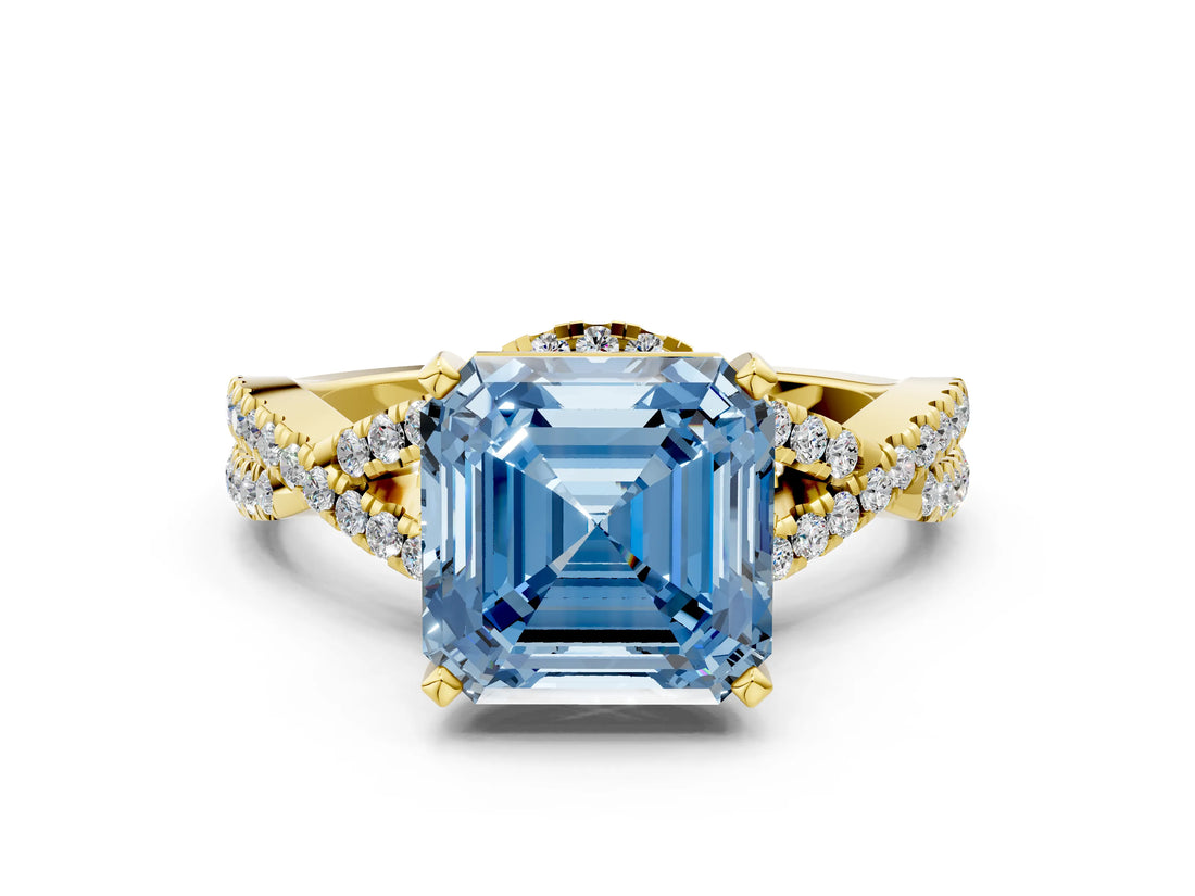 Yellow gold Fancy Blue Asscher Cut Diamond  Halo Twist Band Solitaire Prong Setting Ring_42