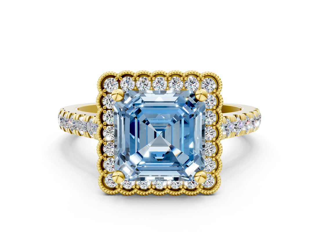 Yellow gold Fancy Blue Asscher  Cut Diamond Milgrain Floral Halo Engagement Ring with Pavé Band_15