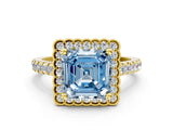 Yellow gold Fancy Blue Asscher  Cut Diamond Milgrain Floral Halo Engagement Ring with Pavé Band_15