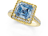Yellow gold Fancy Blue Asscher  Cut Diamond Milgrain Floral Halo Engagement Ring with Pavé Band_16