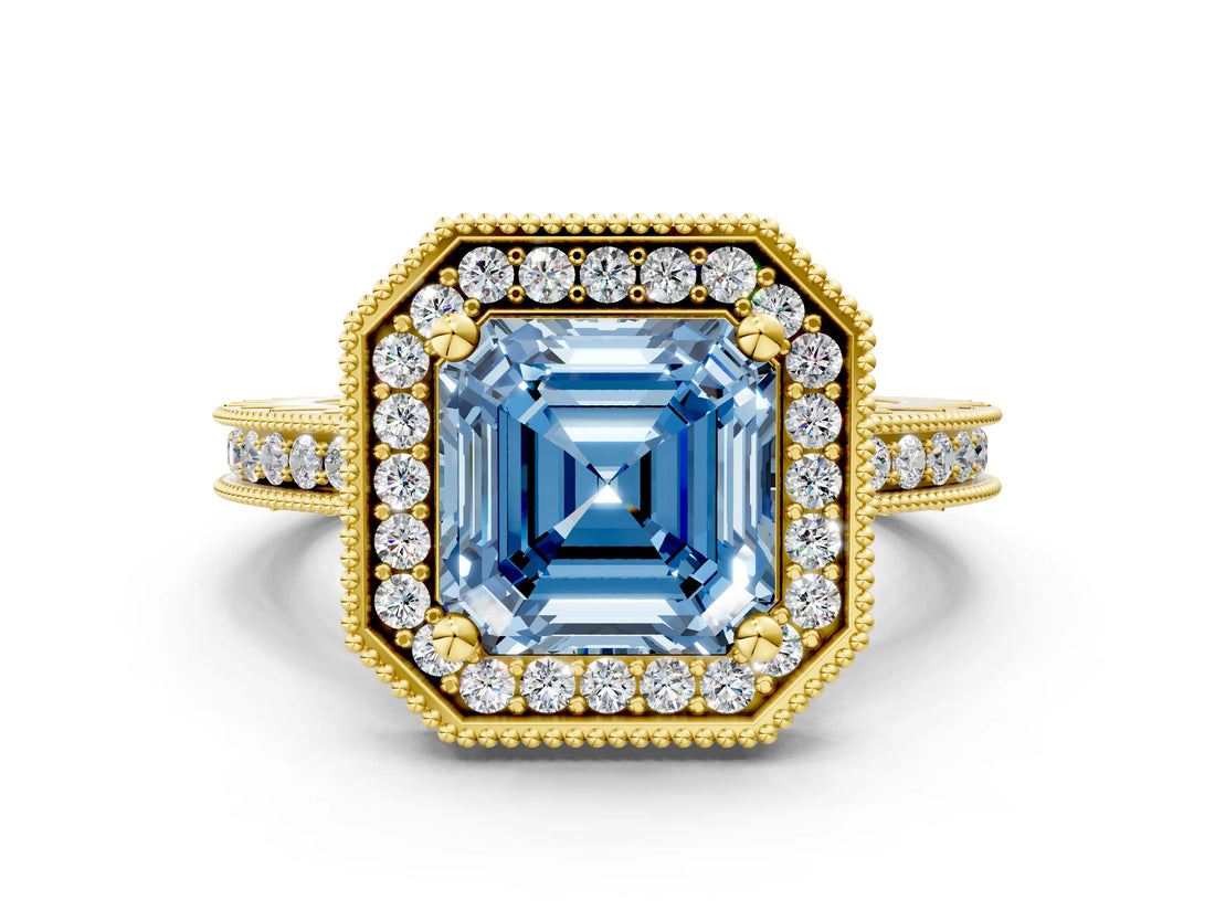 Yellow gold Fancy Blue Asscher Cut Diamond Milgrain Halo Engagement Ring with Round Pavé Band and Prong Setting_12