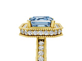 Yellow gold Fancy Blue Asscher Cut Diamond Milgrain Halo Engagement Ring with Round Pavé Band and Prong Setting_17
