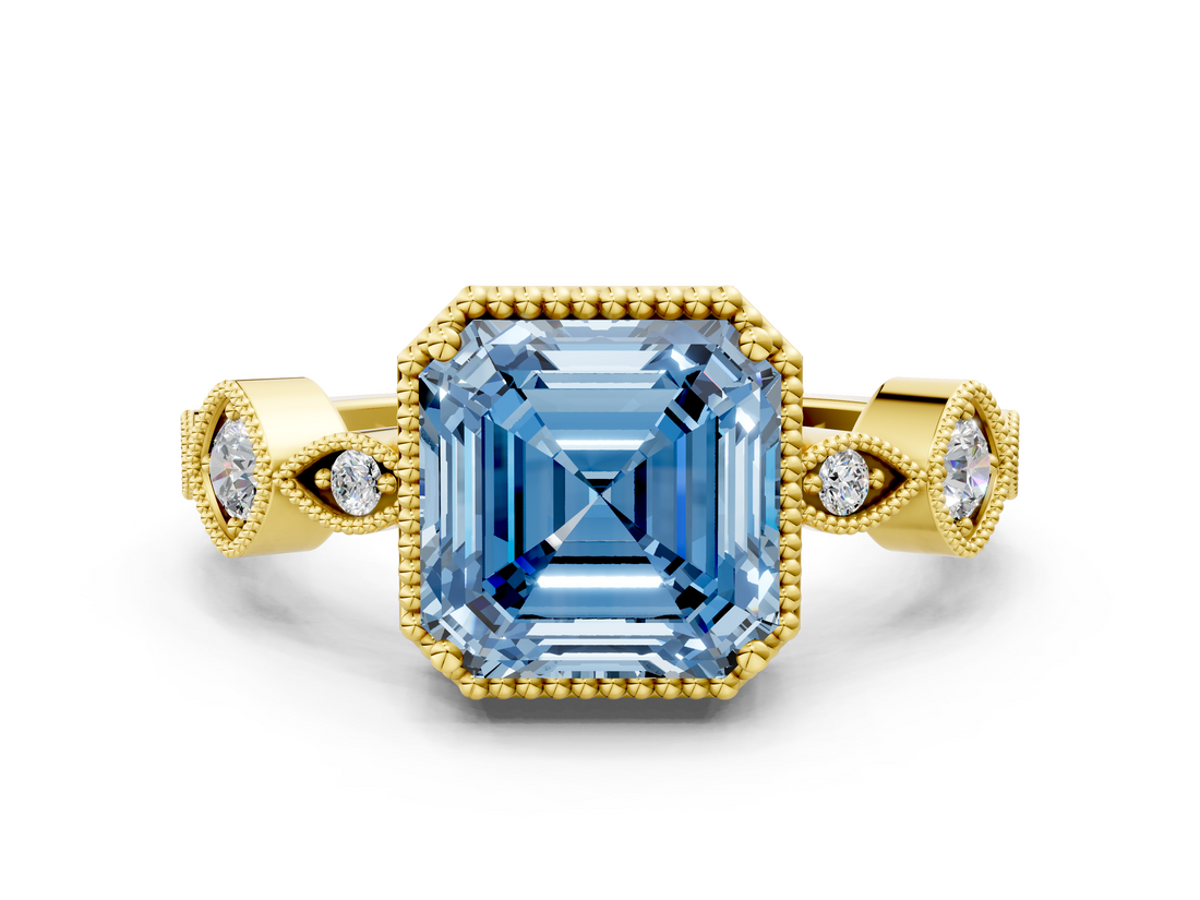 Yellow gold Fancy Blue Asscher  Cut Diamond Milgrain Marquise Band with Prong Setting_3