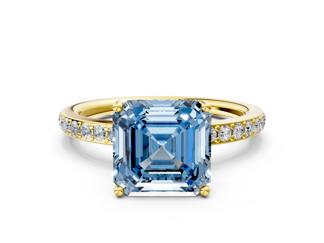 Yellow gold Fancy Blue Asscher  Cut Diamond Pavé Band Ring with Four-Prong Setting_17
