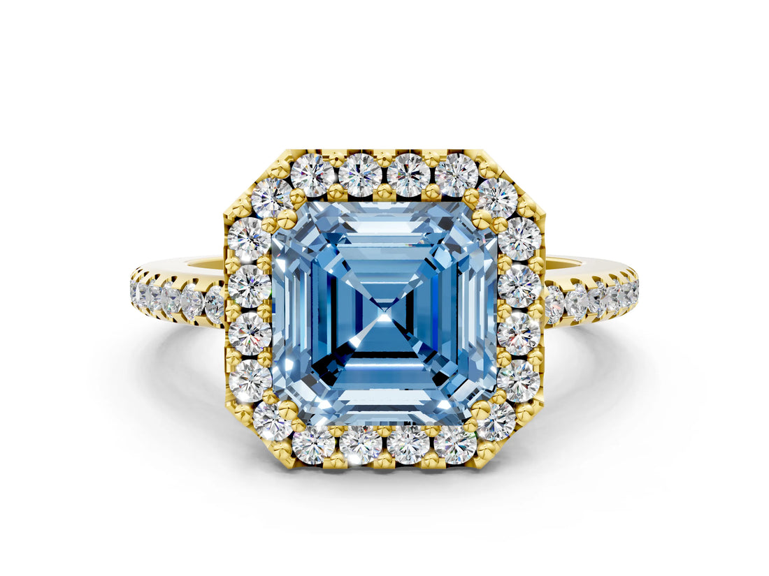 Yellow gold Fancy Blue Asscher Cut Diamond Pavé Halo Ring with Four-Prong Setting_34
