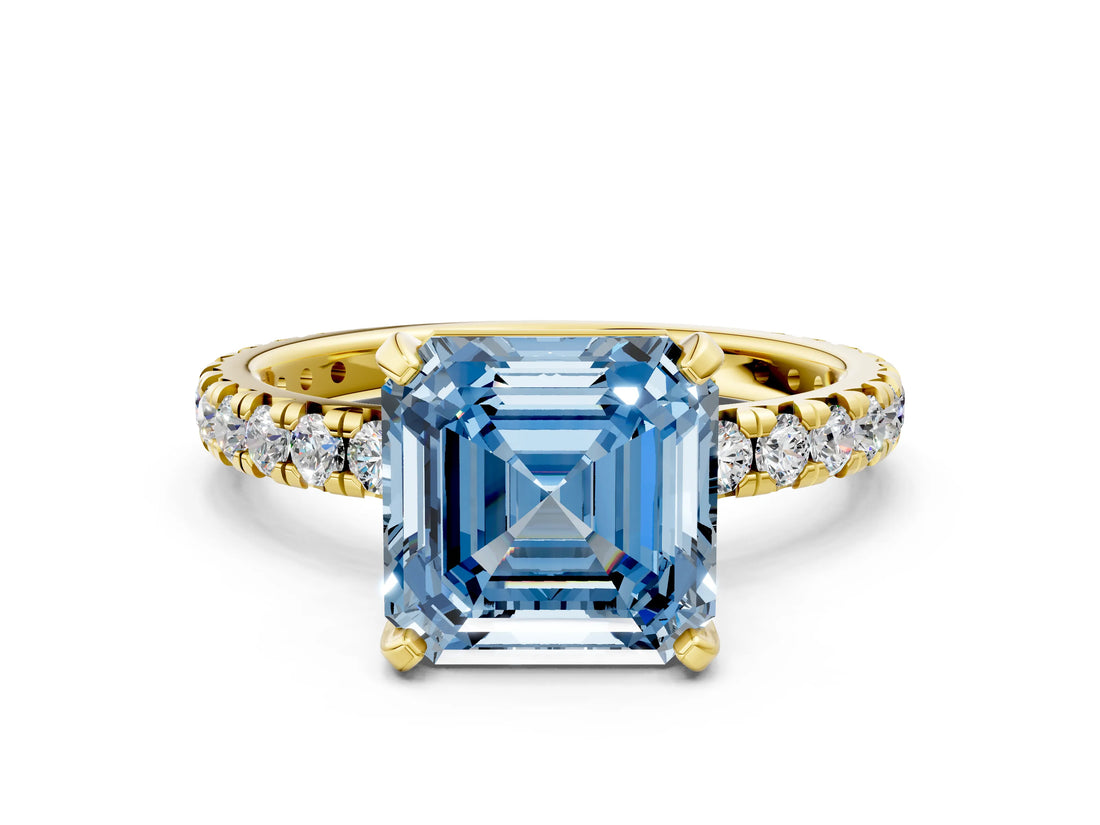 Yellow gold Fancy Blue Asscher Cut Diamond Pavé Solitaire Ring with Round Band and Prong Setting_24