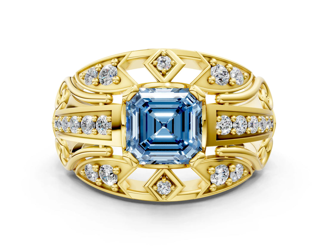 Yellow gold Fancy Blue Asscher Cut Diamond Pave Art Deco Split Shank Ring with Four-Prong Setting