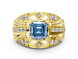 Yellow gold Fancy Blue Asscher Cut Diamond Pave Art Deco Split Shank Ring with Four-Prong Setting