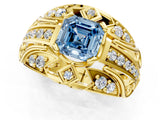 Yellow gold Fancy Blue Asscher Cut Diamond Pave Art Deco Split Shank Ring with Four-Prong Setting_1