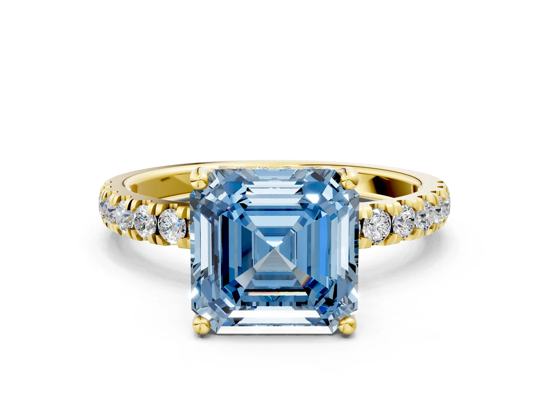 Yellow gold Fancy Blue Asscher Cut Diamond Pave Band Solitaire Ring with Four-Prong Setting_17