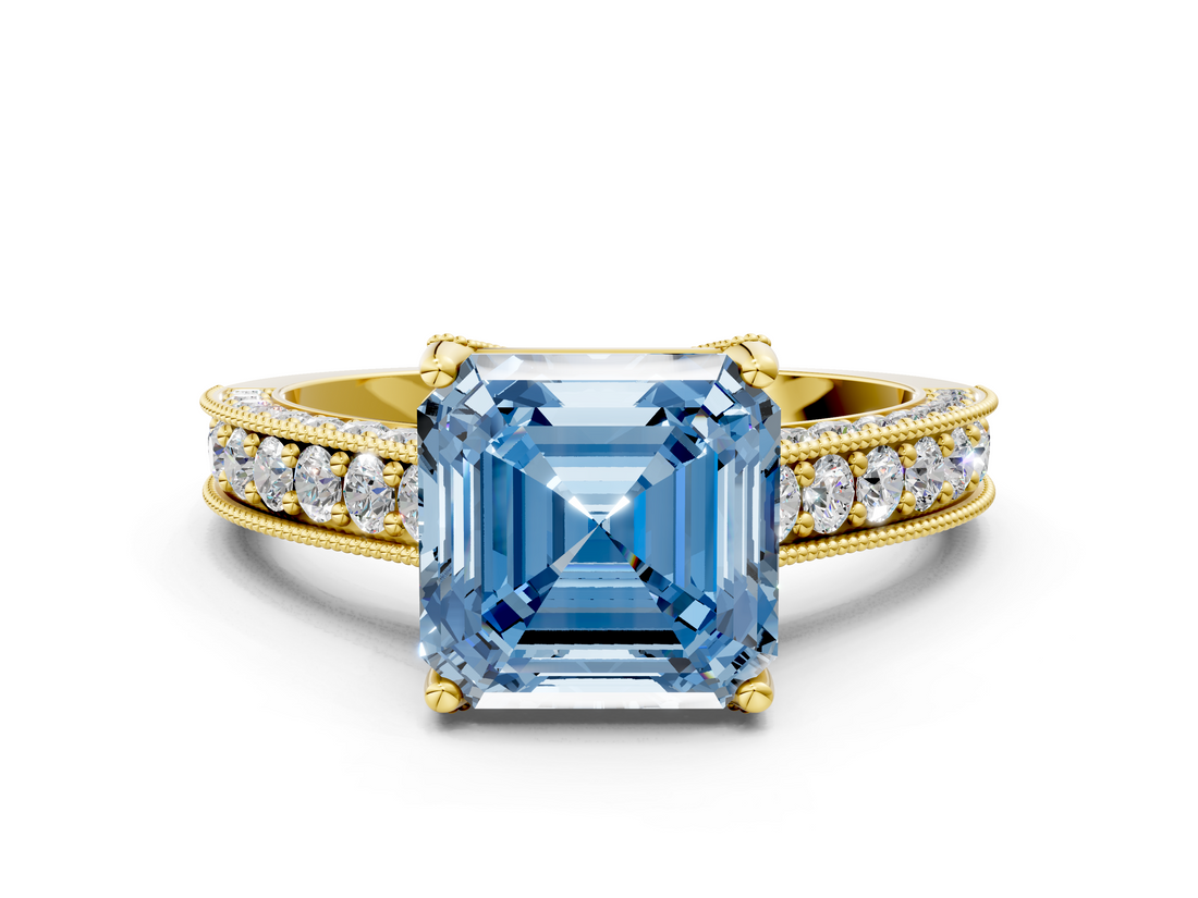 Yellow gold Fancy Blue Asscher  Cut Diamond Pave Band with Four-Prong Setting_35